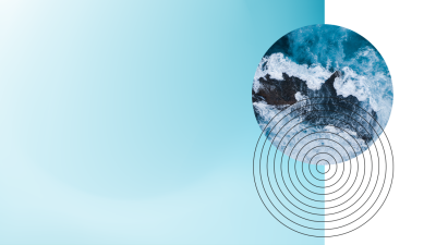 Gradient blue background with a strip of vertical white on the right border. There are two circles aligned right, one shows an ocean and the other is a series of circles creating a ripple effect.