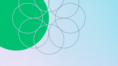 Purple and blue gradient background with a green circle a flower-like geometric shape
