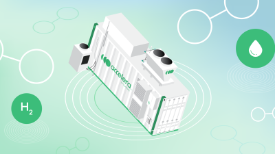 An Accelera electrolyzer system rendering surrounded by geometric shapes against a green blue gradient