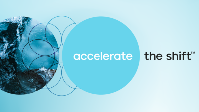 Ocean waves cropped in a circle next to a geometric shape and a blue circle with the words "accelerate the shift"