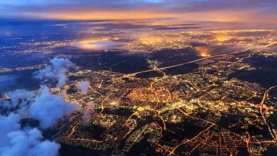 Aerial view of city at night