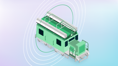 Illustration of a freight locomotive against a blue and purple gradient background