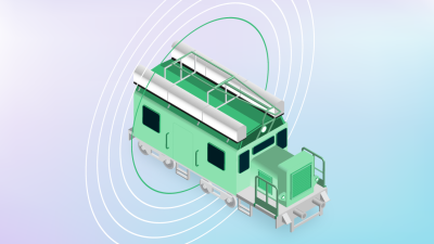 Ilustración de una locomotora de carga sobre un fondo degradado azul y morado