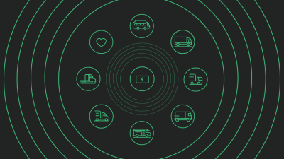 Green icons of different commercial vehicles and one icon to represent an EV battery