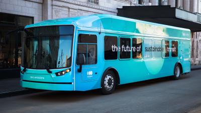 Blue city bus powered by zero-emissions energy products