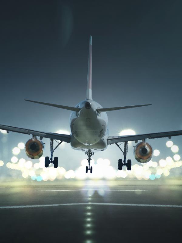 Airplane landing at night