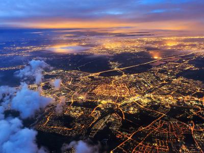 Aerial view of city at night