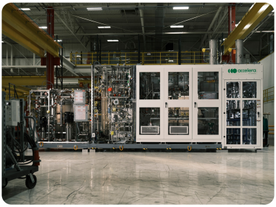 Wide angle shot of a HyLYZER 1000 electrolyzer system inside a manufacturing plant